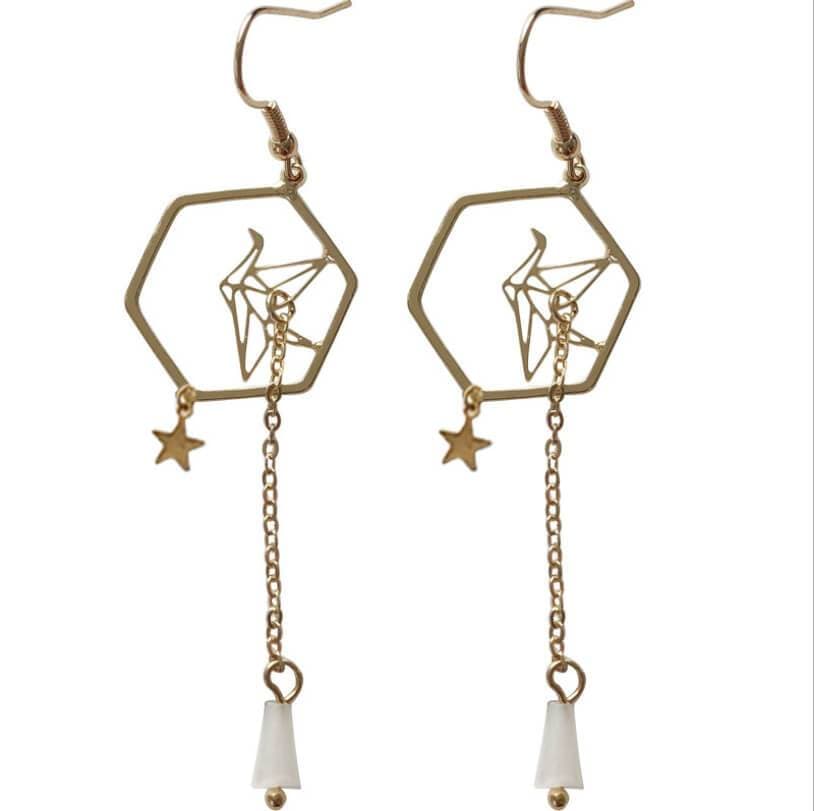 White Tanuki Origami Crane Earrings