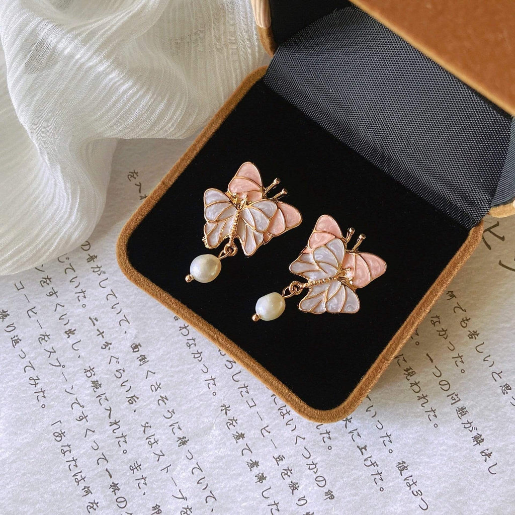 White Tanuki Pastel Butterflies Earrings