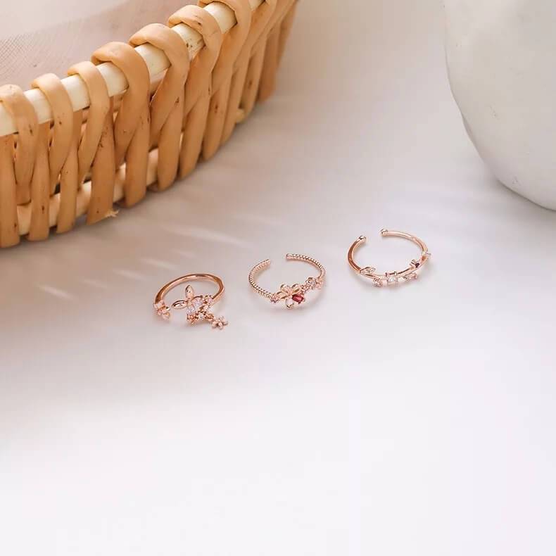 White Tanuki Pink Floral Rings