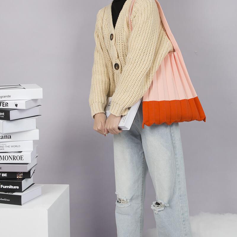 White Tanuki Pink + Orange Pleated Tote Bag