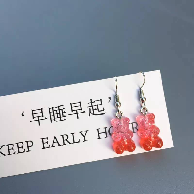 White Tanuki Pink - Red Ombre Gummy Bear Earrings