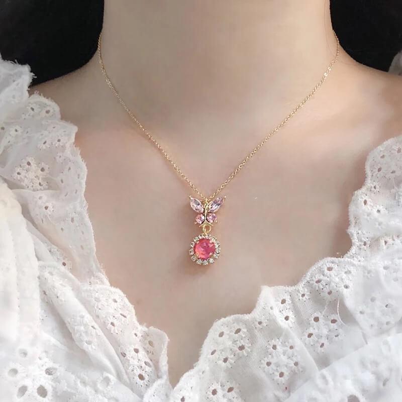 White Tanuki Pink / Standard Crystal Butterfly Necklace