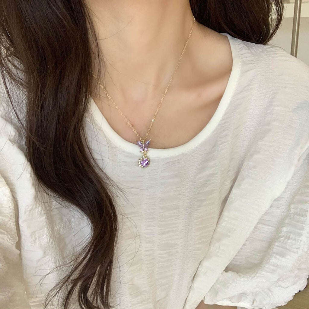 White Tanuki Purple / Standard Crystal Butterfly Necklace