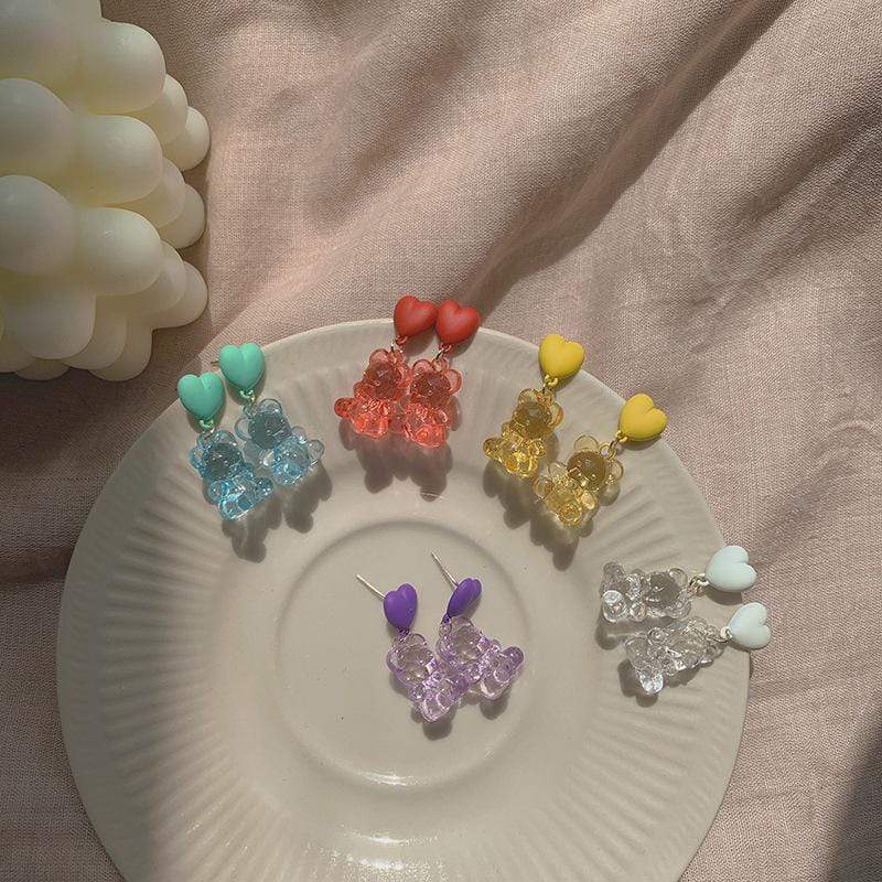 White Tanuki Rainbow Bears Earrings