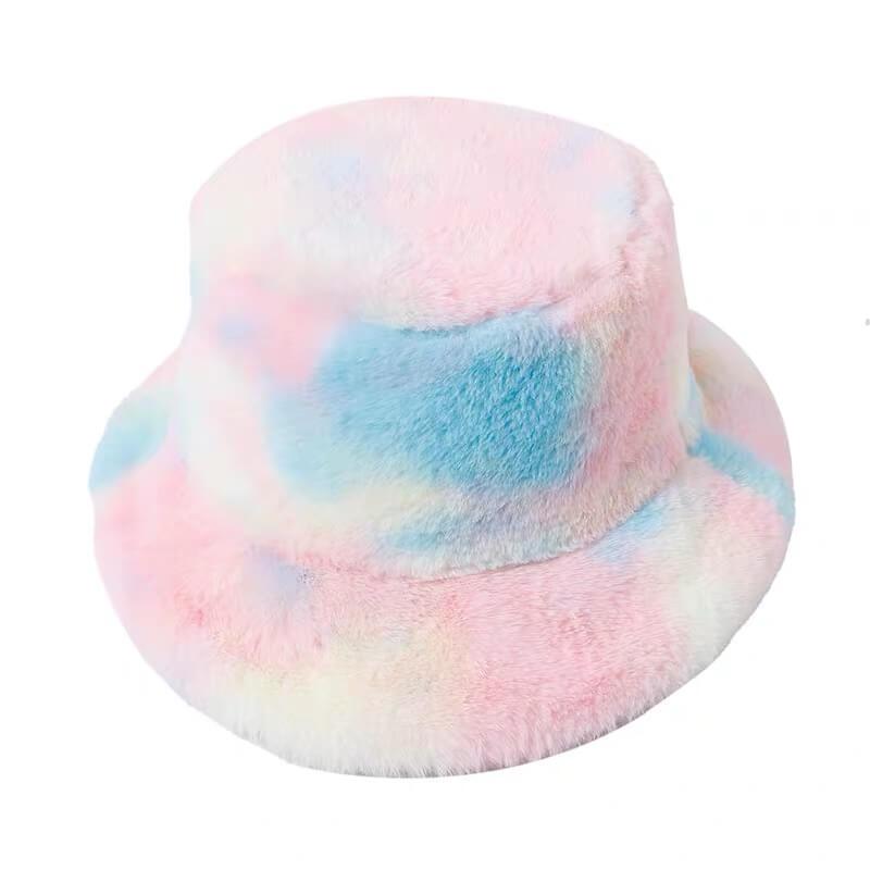 White Tanuki Rainbow Faux Fur Bucket Hat