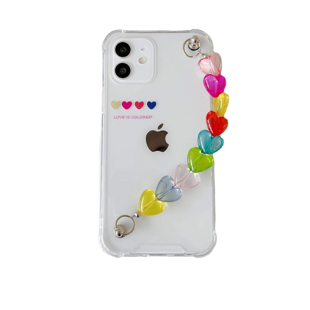 White Tanuki Rainbow Hearts Chain Phone Case