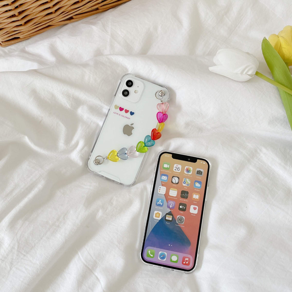White Tanuki Rainbow Hearts Chain Phone Case