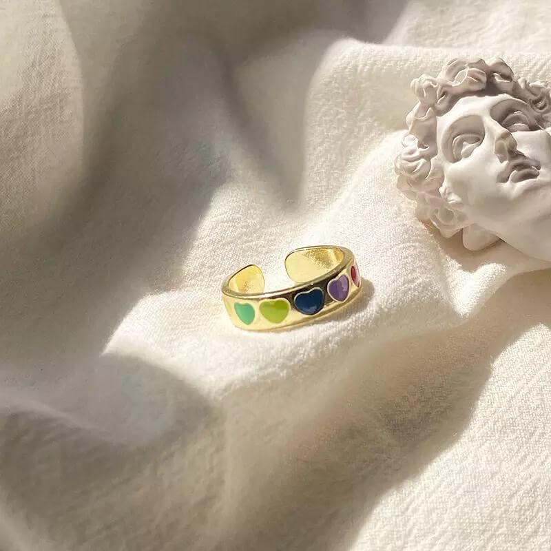 White Tanuki Rainbow Hearts Ring