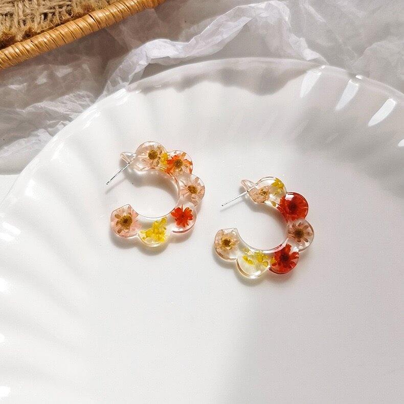 White Tanuki Red Floral Fields Earrings