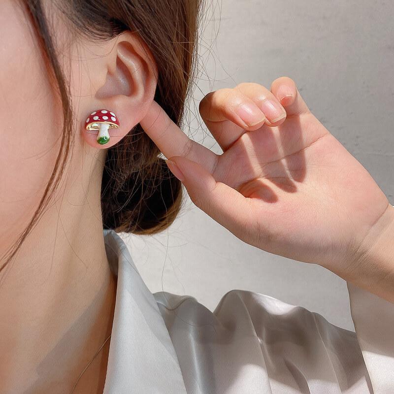 White Tanuki Red Mushroom Earrings