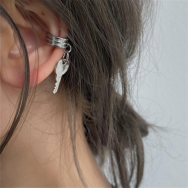White Tanuki Silver Key Ear Cuffs