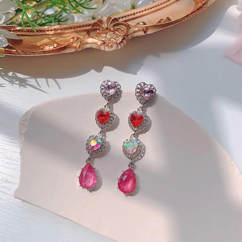 White Tanuki Silver / Standard Rosé Hearts Earrings