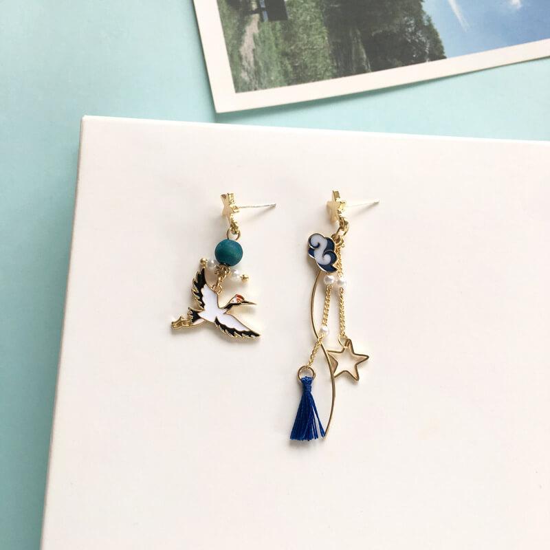 White Tanuki Studs (Pierced Ears) Blue Crane Earrings